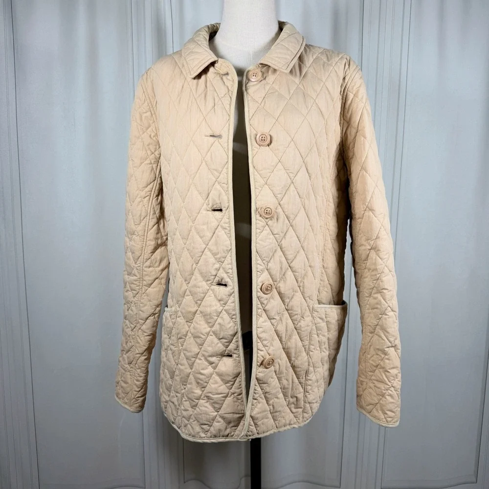 L.L. Bean Women XL Beige Quilted Jacket Plaid Lined Barn Coat Diamond Thermore